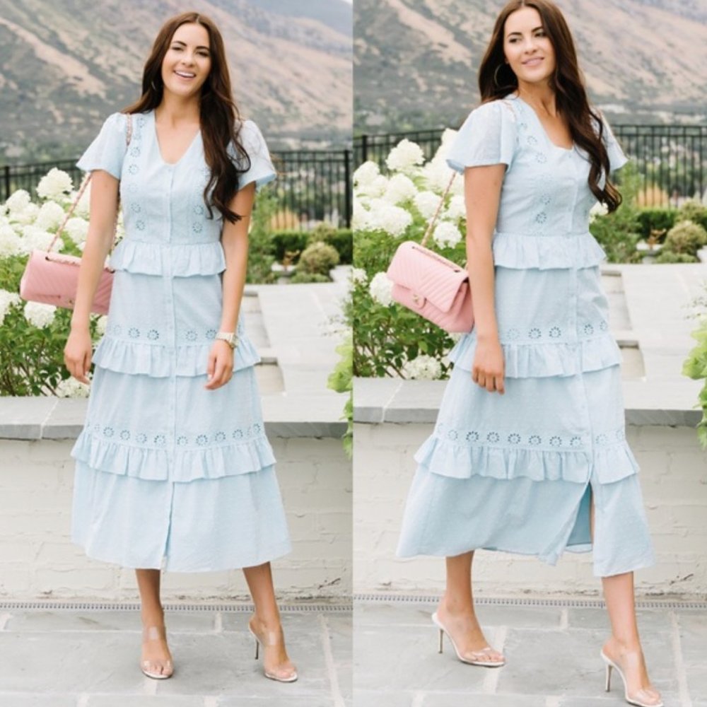 Rachel Parcell Short Sleeve Ruffle Tier Midi Dress Blue Size Medium
